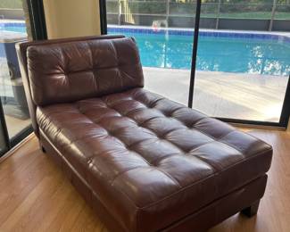 Chateau D'Ax Leather Tufted chaise lounge chair in chocolate brown, 36 x 65 x 32