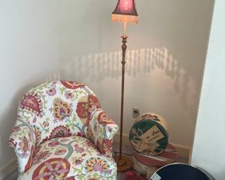 Print side chair, antique fringe  floor lamp