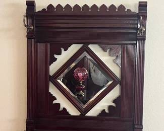 Eastlake Victorian Carved Oak Wall Hanging Mirror w/ Hat Hooks