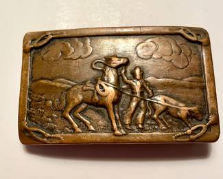 Vintage 1960’s Small Copper Brass Belt Buckle Horse Cowboy Calf Roping