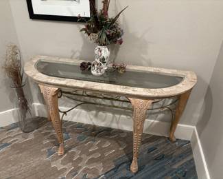 Glass marble top entry table $300