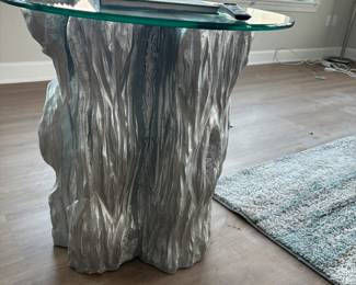 Glass top side table tree tuck trunk base 20 inches diameter 26 inches tall $125