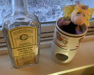 Watkins Imitation Vanilla Extract Glass Bottle, Miss Piggy Doll, Colonial Tealight Candle Holder with Rocking Horse Design