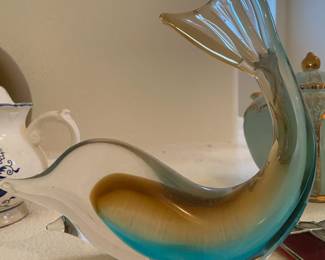 Clear/Brown/Blue Blown Glass Dolphin Figurine