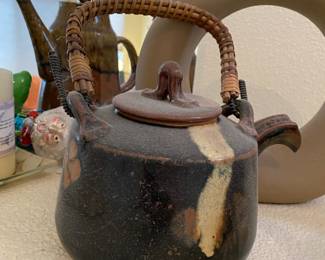 Mid Century Ceramic Pottery Teapot with Wicker Handle