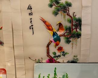 Handmade Japanese Decorative Birds and Flowers Embroidered Tapestry