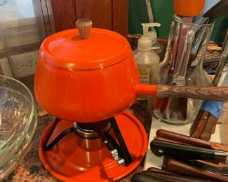 MCM 1970' s Orange Aluminum Fondue Pot Set
