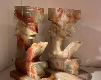 Carved Alabaster Marble Aztec Mayan Men Bookends