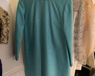 Casa Aureo Blue 1960's Evening Dress with Beaded Collar - Made in Manila Philippines