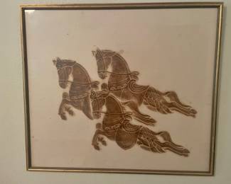 Framed Brown Thai Temple Rubbing "3 Running Horses" 