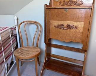 Mid-Century Bentwood Bistro Style Side Chair, Carved Oak Drop Front Preacher's Desk
