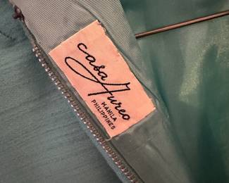 Casa Aureo Blue 1960's Evening Dress with Beaded Collar - Made in Manila Philippines