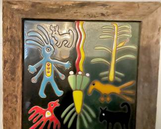 Huichol Indian Yarn Painting Style Mexican Folk Art Framed Tile Art