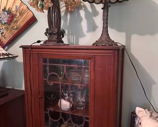 Vintage display Cabinet and two Stained Lamps