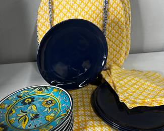 Williams Sonoma Melamine dishes, Pacifica dinner plates by William Sonoma and tablecloth, napkins and chairs pads all WS