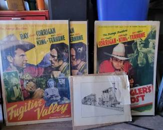 #15010 • 3 "The Range Busters" Framed Posters and Two Early Locomotives Drawing
