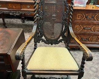Carved Oak Barley Twist Caned Armchair 