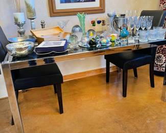 1970s glass top dining table, leather chairs (4)
