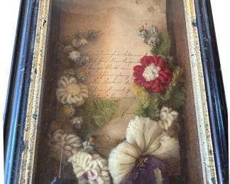 Vintage crocheted shadow box with German writing
