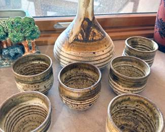 Wheel-thrown wine carafe, cups (6)