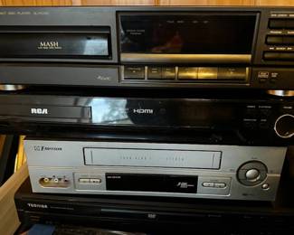 Technics DVD player, RCA HDMI, Emerson VHS player, Toshiba DVD player