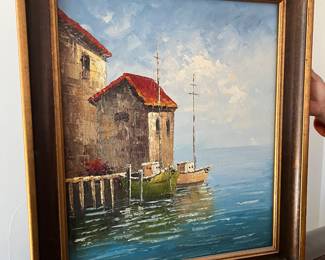 $225~ OIL ON CANVAS EUROPEAN HARBOR OIL ON CANVAS ARTIST SIGNED ~25" X 30"
