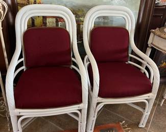 $225~VINTAGE MID CENTURY MODERN PAIR OF RATTAN CHAIRS WITH ALTERED CUSHIONS