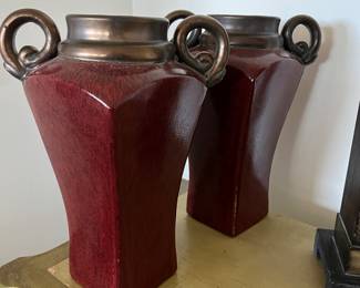 $190~ PAIR OF MATCHING BURGANDY AND BRONZE ORNATE VASES~ 15" HT