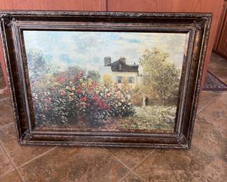 $ 290~ GORGEOUS TEXTURED PRINT GOEBEL ARTIS ORBIS GERMANY CLAUDE MONET REPRODUCTION LA MAISON DE L'ARTISTE. GARDEN W DAHLIAS FLOWERS ~29"X 43"
