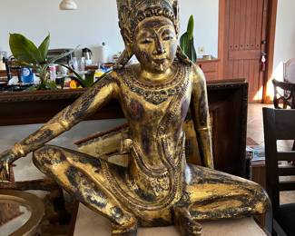 $225~  HAND CARVED WOODEN GOLDEN RELIGIOUS INDRA THE KING OF HEAVENS THAILAND 32" HT 