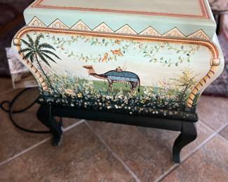 $225~ CONTEMPORARY HAND PAINTED WOODEN TREASURE BOX WITH CAMEL MOTIF ON METAL BASE 