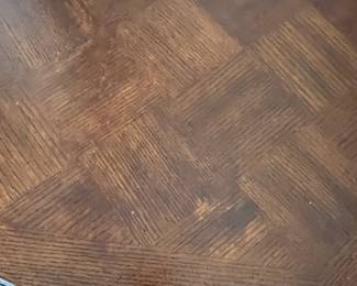 $425~ANTIQUE AMERICANA PARQUET TOP HI-LOW ADJUSTABLE GAME/ KITCHEN TABLE~ 42" DIAMETER 27" ADJUSTABLE HEIGHT 