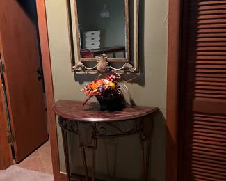 $ 175~ CURVED WOODEN ENTRY CONSOLE             $125~ ORNATE WALL MIRROR 