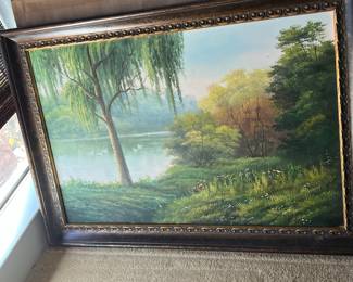 $250~FRAMED PRINT WITH SWANS AND WEEPING WILLOWS