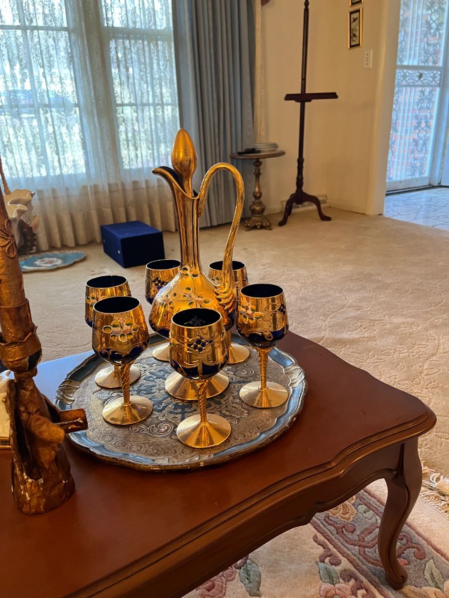 Hand Painted Decanter, Glasses and Tray