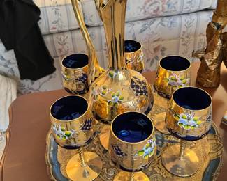Hand Painted Decanter, Glasses and Tray