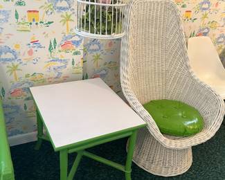 Rattan Side Table and Wicker Chair