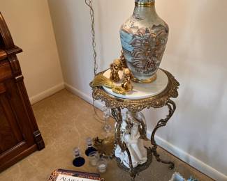 Brass Plant Stand and Painted Vase