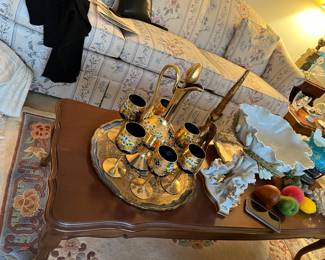 Sofa, Coffee Table, Decanter Set and Vases