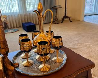 Hand Painted Decanter, Glasses and Tray