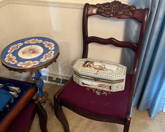 Vintage Dining Chair, Painted Porcelain Box and Porcelain Table