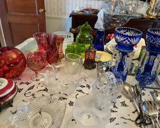 Cranberry Glass, Victorian Pickle Castor and Pair of Lusters 
