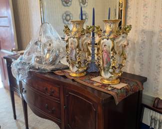 Vintage Mahogany Sideboard, Pair of Vases and Large Mirror 