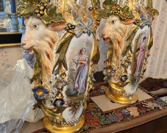 Pair of Haviland Limoges Vases with Goat Head Handles 