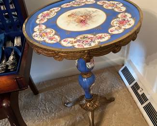 French Sevres Style Porcelain Table with Bronze Apron and Pedestal 