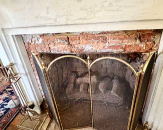 Brass fireplace screen and tools