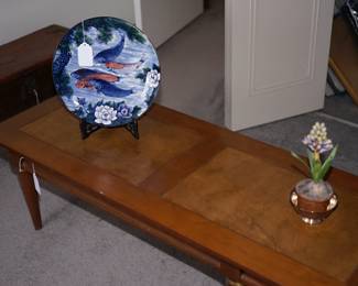 This is a set of three. a 6ft long leather insert coffee style table with two side tables of 2ft. 1960's-70's Very good condition.