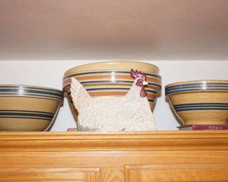 Collection of stoneware bowls to include spongeware 11" bowl