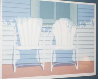 Lithograph of two garden chairs. Matted and framed. Signed