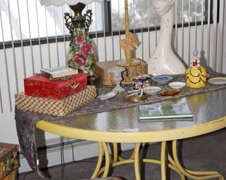 glass top patio tables. Please note the antique art deco style hat model . it is antique